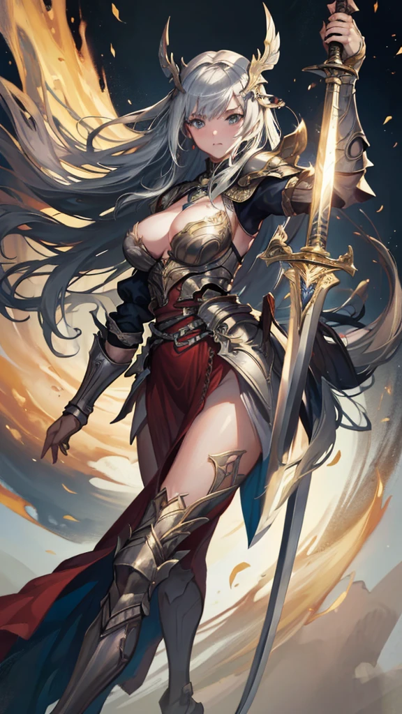(masterpiece, 4K ,Super detailed:1.2), (anime:1), (Perfect quality), (((Adult body))), ((Swinging a big sword, Combat Ready)), The whole body is shown, View Viewer, armor, commander, Big body