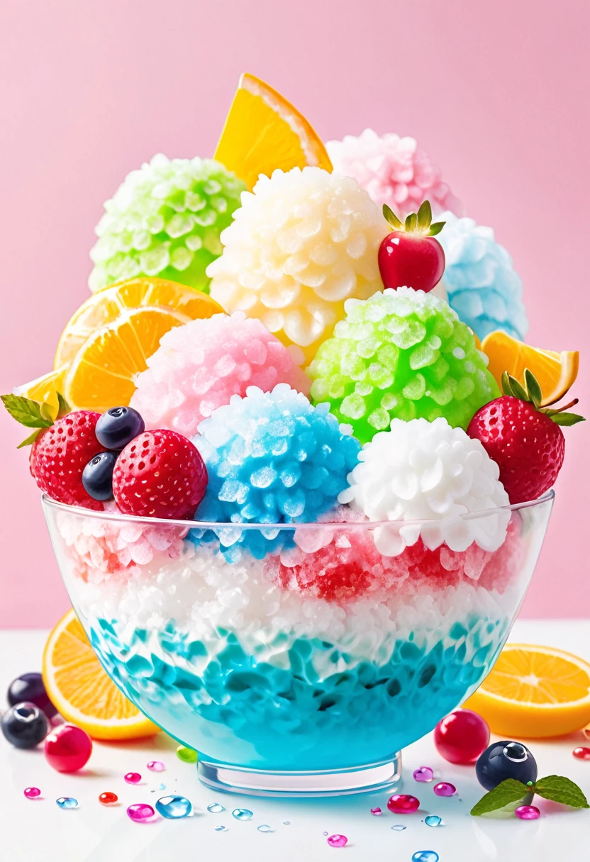 ((Delicious looking shaved ice))、((Colorful slime candy sprinkled on top))、Beautiful glassware、Water Drop、fruit、 food, food focus、 cute、pastel colour、Sparkling、No humans、White Background、Simple Background、wallpaper、