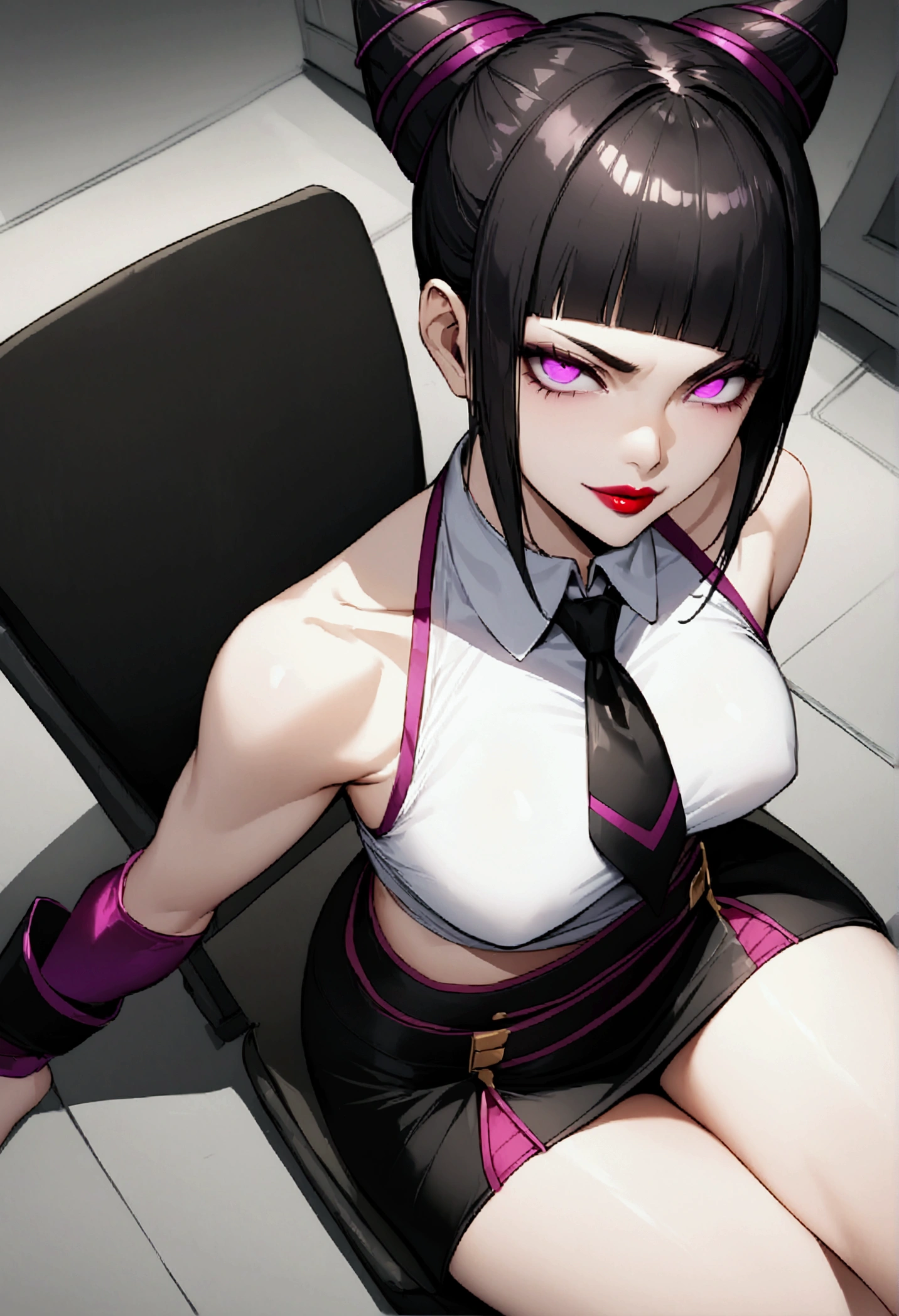 juri han, work of art, secretary shirt with black tie, black high waist skirt, short skirt,stocking, black hair, black tightscary sun,office,bangs on the eyes,Lighting, hair with purple details,view from above,staring overhead,evil smile,sitting,cross legs,glowing purple eyes,red lips,The eyes