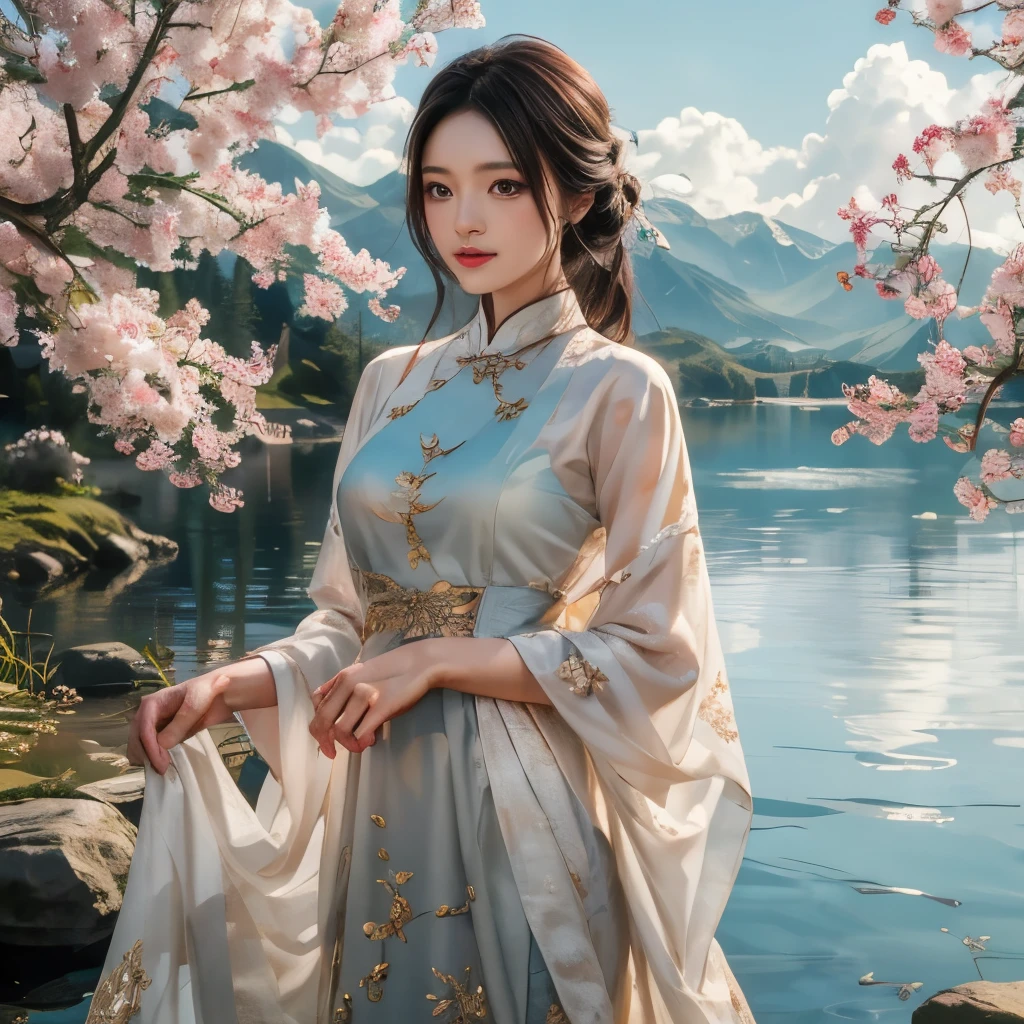 ((masterpiece))), (((best quality))), ((Extremely detailed)), (Highly detailed computer illustration), ((Very delicate and beautiful)),Cinema Lighting, bloom, Tree, white Leaf, A woman, Black Hair, put, Chinese clothes, cloud, cloudy, reflection, water, Sunlight, permanent, sword, hold sword.