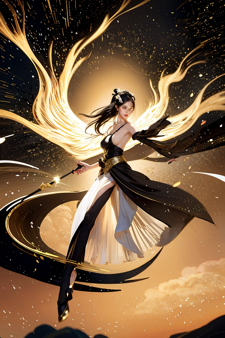 Symmetrical art, full body, phoenix, vortex,
masterpiece, best quality, 8k wallpaper,cloud,The time of sunrise is coming, The east of the sky has been a touch of red,heralding the coming dawn, At this point, bright gem, clouds,
The whole mountain shines with golden light,  As if in a fairyland, intoxicating beauty, Chinese ink painting, 2D conceptual design, cloud, 1girl, nail_polish, phoenix eye, jewelry, necklace, black_hair, closed_eyes, solo, dress, holding_flower,black_hairancient art, chinese . 