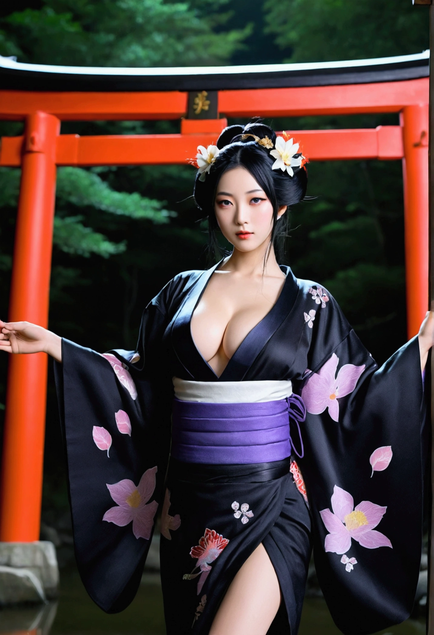Japanese Tengu/Genuine/Beauty/Large Breasts/Fantasy/dark/Black wings/front/kimono/iris/Black Hair/The background is the torii gate deep in the forest at night./A beautiful goddess from the Taisho period（1 person）、、Beautiful and pretty woman、Big Breasts、Black Hair、Captivating body、Riverside on a moonlit night、Floating lotus flower、8k、Realistic