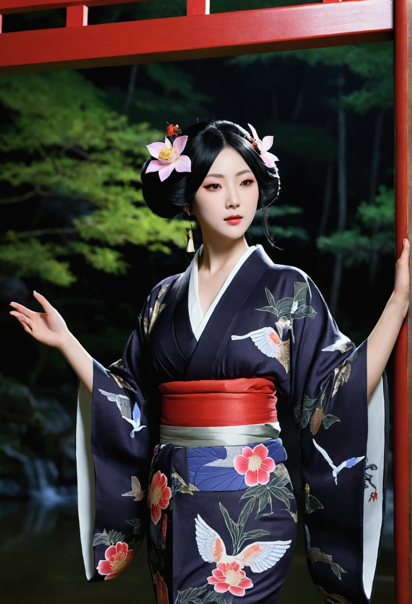 Japanese Tengu/Genuine/Beauty/Large Breasts/Fantasy/dark/Black wings/front/kimono/iris/Black Hair/The background is the torii gate deep in the forest at night./A beautiful goddess from the Taisho period(1 person)、、Beautiful and pretty woman、Big Breasts、Black Hair、Captivating body、Riverside on a moonlit night、Floating lotus flower、8k、Realistic
