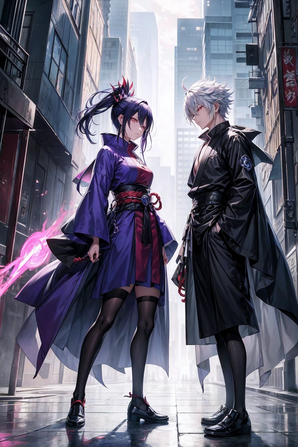 Generate an animated wallpaper featuring Itadori Yuji and Ryomen Sukuna from Jujutsu Kaisen. The scene should depict the duality of their shared existence. On one side, show Yuji in a determined stance, with a background of a vibrant urban landscape. On the other side, show Sukuna with a menacing expression, surrounded by a dark, cursed realm. Include subtle animations such as Yuji’s surroundings bustling with energy and light, while Sukuna’s side has cursed energy swirling ominously. The dividing line between them should pulsate with a mix of their energies, symbolizing their internal conflict.