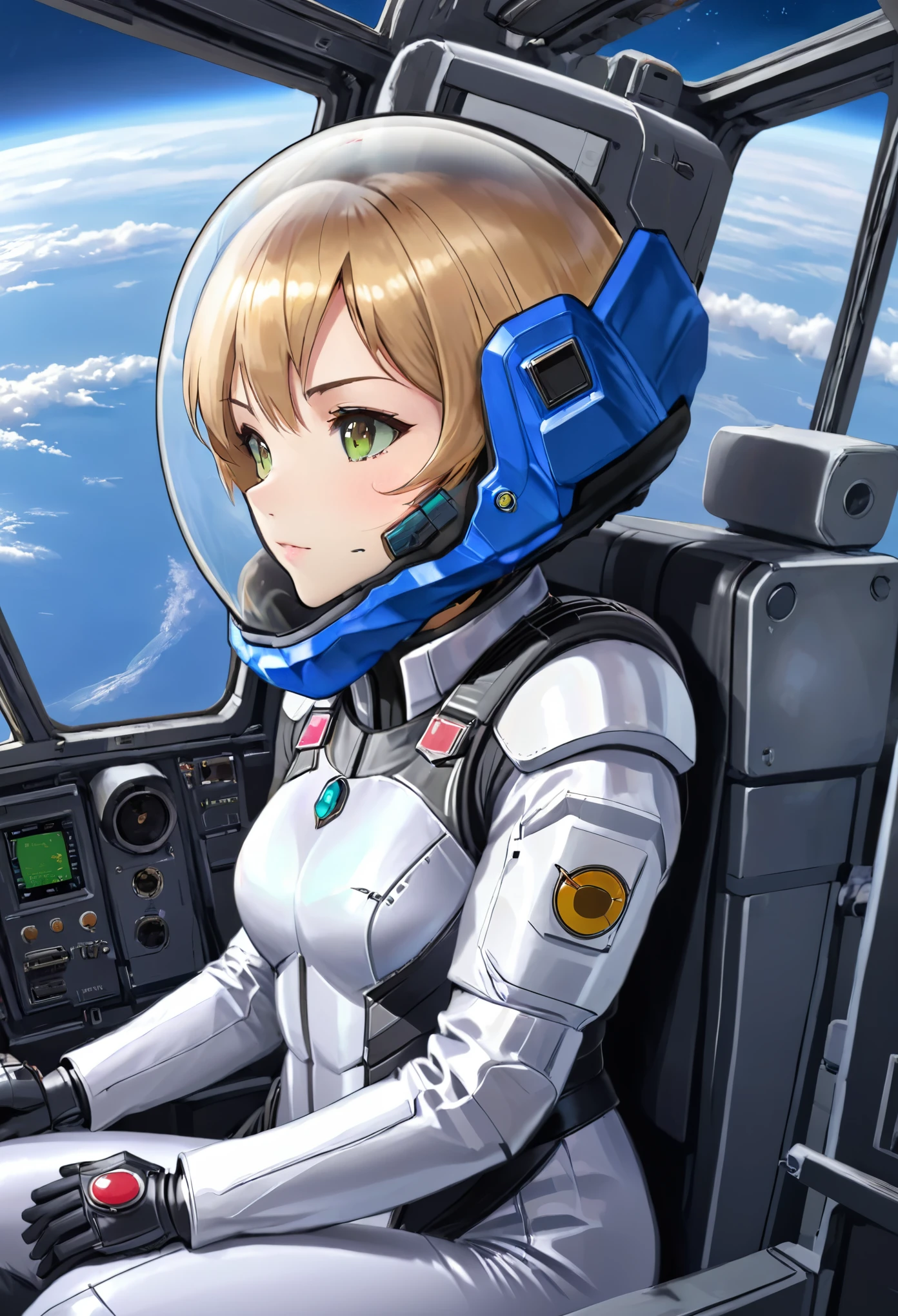 ((Female pilot in the cockpit of a reconnaissance plane), (airplane cockpit), (in flight), (10000 feet altitude)、(sky view):1.7),, short hair, eyeliner, apocalypse, girl, nside the (cockpit:1.9) of a (futuristic spaceship:1.6), , blush,sitting on a chair, covered navel, space helmet, muvluv, space helm, plug suit , space helmet, eva helm, space suit, short hair, blue bodysuit,]
FROM SIDE, (glasses:1.7)