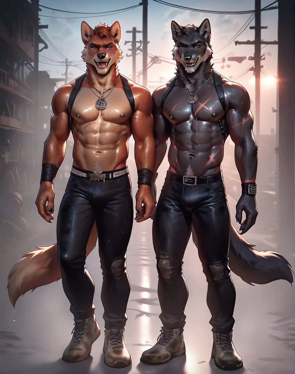Masterpieces, furry, male, kinky, Anthropomorphic, full body, old age, rugged, grimy, dirty, black wolf, black wolf, two men, lanky and thin body type, Delicate eyes, white goatee, grizzled fur, glistening body, thugs, bikers, ebony skin, depth of field, warm lighting, bright lighting, (best quality),(masterpiece),(ultra detailed), sharp focus, wasteland background, fierce look, scars, glossy, oiled up skin, black trousers. Wet white tank top, bushy tail, black nipples