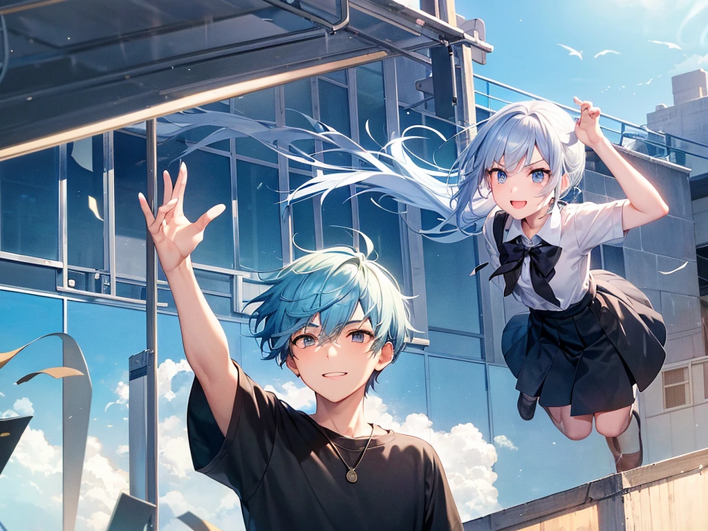 only one people, high school young man, , light blue hair, silver eyes, black eyebrows, school rooftop, arms outstretched, look up at the sky and smile and shout