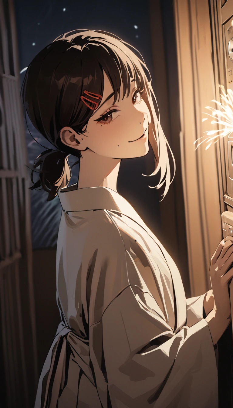 1girl, higashiyama kobeni, wearing kimono with firework in background, (masterpiece), cinematic, beautiful light, best quality, newest,safe, absurdres, smiling , close eyes, look at camera, tilt head, turn head back