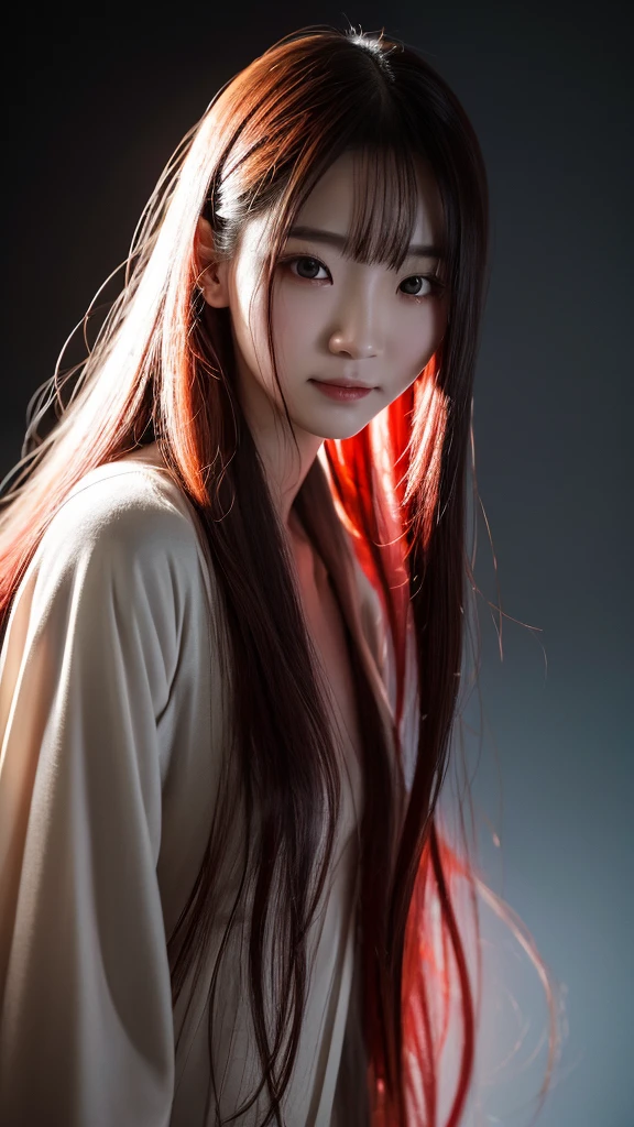 Draw an image of an oriental female ghost in red,Pale,Sad or angry look。Long and messy hair,Sometimes dripping with blood。There is always a weird smile on the corner of his mouth,The atmosphere is terrifying。high resolution, Backlight, masterpiece, Best quality, Very detailed, Ultra HD, Wide-angle lens, Canon, Movie光效, Ray Tracing, Fluorescence, Movie, photography, Hyperrealism, 超realism细节画派, Reality, realism, 超realism,