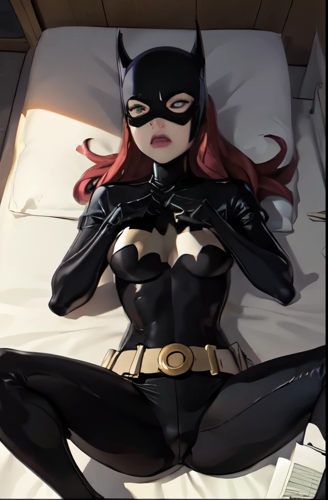 masterpiece, Best quality, 1 girl, One, a high resolution, landscape, cartoon_Onegirl_own waifu,batgirl mask ,long hair,Blue eyes,Body,breast,e.g,domino mask,belt,medium breast,superhero,gloves,lips,black Body,Helmet,belt buckle,horns,One_Print,pouch, lush, toned, large breast, slim waist,lying on his back, legs spread wide, knees bent , the back is arched back, angry , perfect body, hands above head 