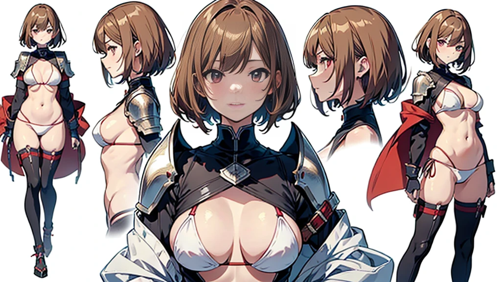 nsfw,8k,Masterpiece,Character design sheet,同じキャラクターのMultiple Views,Front view,Side view,Rear view,(White background:1.4),(Background color: White),(Red Bikini:1.3),((A woman wearing separate armor)),female knight,Mature Woman,28 years old,Bikini Armor, The world of fantasy games set in another world,Sexy anime characters,Slender figure,Cleavage,belly button,Short Bob,Light brown hair,Shy smile,Flushed Cheeks, Knight Girl, Very detailed fan art, Detailed digital anime art, Anime Goddess, Anime illustration, Girl in Armor,Beautiful expression right down to your fingertips,Looking at the audience,Contrapposto,Hands on Hips,Professional model posing,Multiple Views