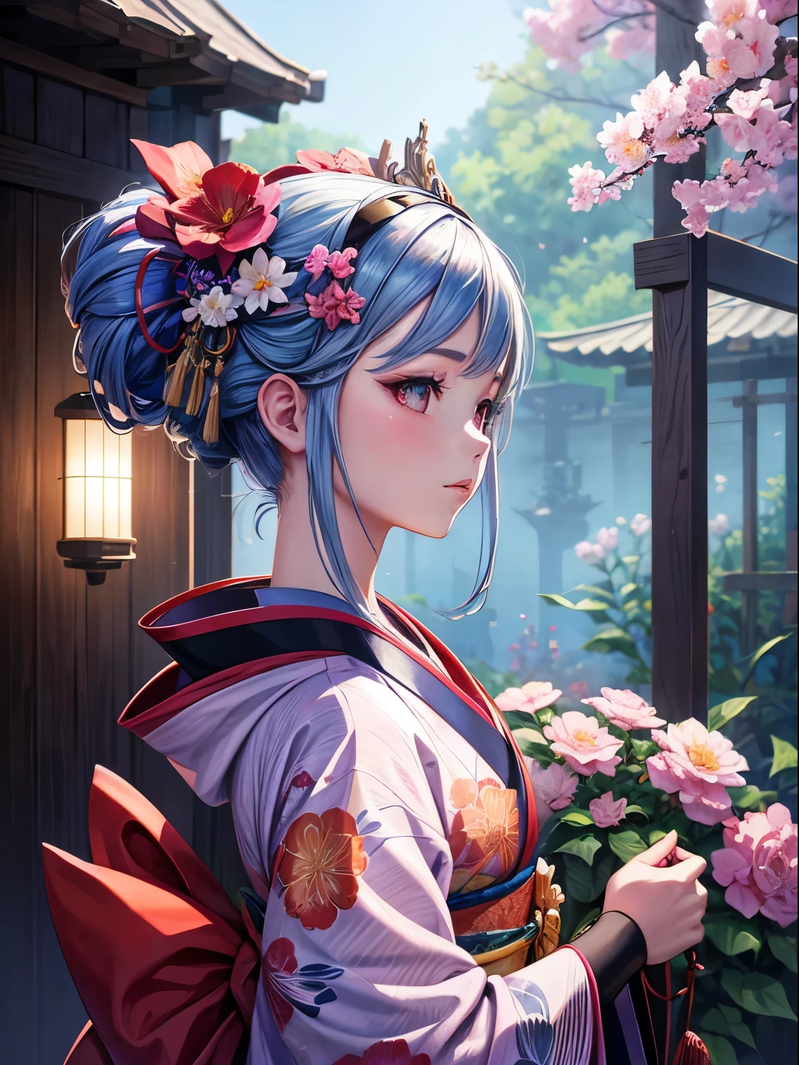 Arafed woman in a kimono with flowers on her head, bela Arte Digitalwork, beautiful digital illustration, beautiful digital painting, beautiful digital painting, artwork in the style of guweiz, photorealistic anime girl rendering, Soft anime CG art, bela Arte Digital, great digital art with details, stunning digital illustration, detailed digital anime art, render of april, beautiful anime portrait
