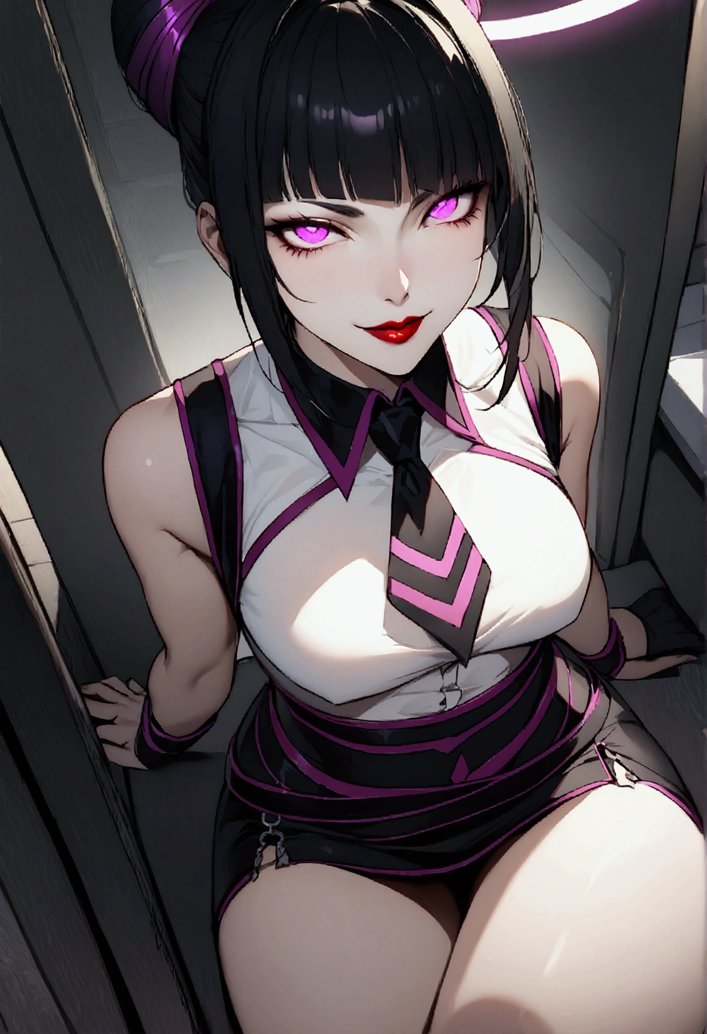 juri han, work of art, tight white secretary shirt with black tie, black high waist skirt, short skirt,stocking, black hair, black tightscary sun,office,bangs on the eyes,Lighting, hair with purple details,view from above,staring overhead,evil smile,sitting,cross legs,glowing purple eyes,red lips,The eyes,evil smile