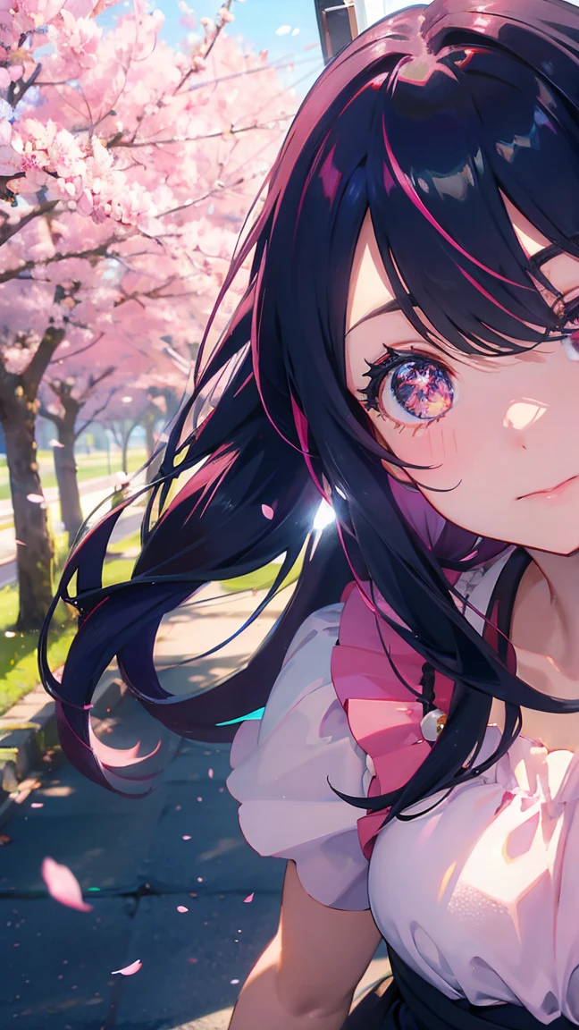 1 anime girl, Solitary,Black petals fluttering, A mysterious shining butterfly.City,Bright pink hair,Ruby Eyes,long twintail,Thin legs,very clear,best quality,辺り一面のCherry blossoms,都City,Cherry blossoms,Cherry blossomsミク,Beautiful morning,Asahi,Close-up face,Sunlight,Cherry blossomsを見上げる,slope