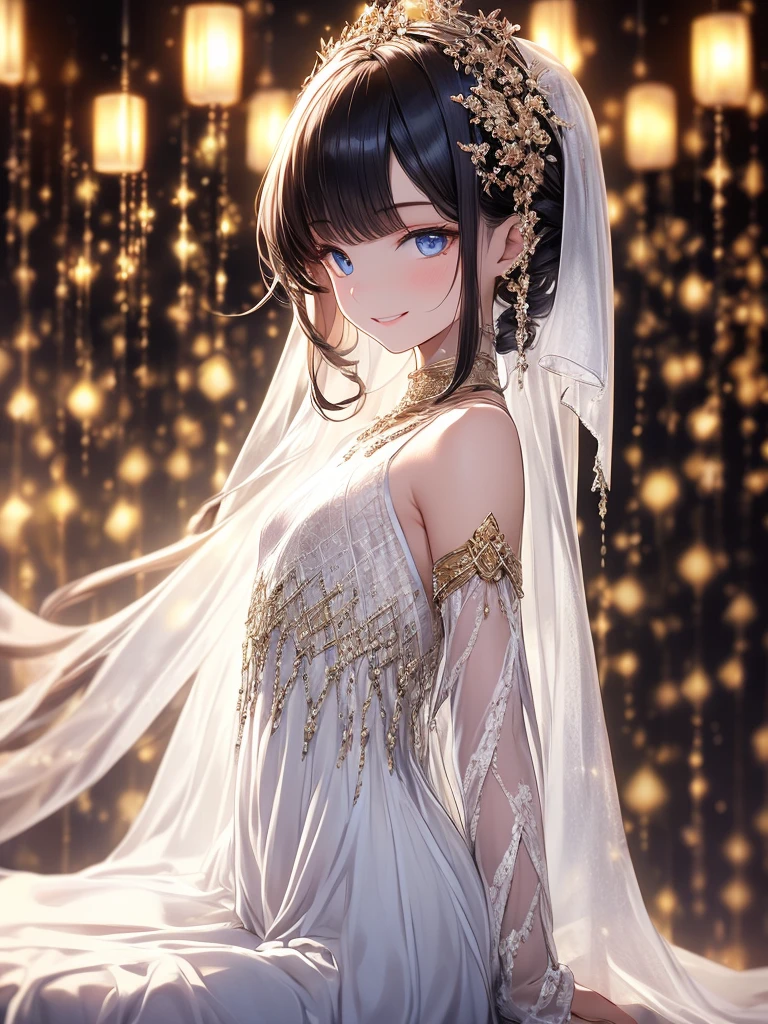 (master piece),(4k),(perfect anatomy),(complete fingers),high quality,flat chest,(1girl),(solo),pale skin,Dramatic makeup,smiling elegantly,beautiful detailed blue eyes,silky black hair,right braid loose side tail,silky dress,((with white cloak)), (Highly detailed elegant),Fade out beautifully, Detailed skin, Bokeh, Silky to the touch, Hyper Detail,sitting,in simple room,(foliage plant),from side,(sideways glance)