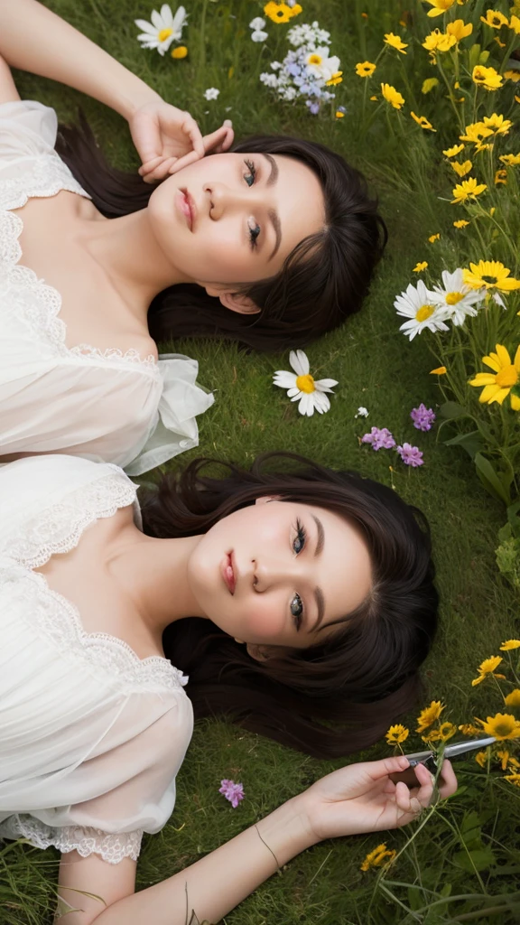 A beautiful woman lying down on a fantastical meadow,Shortcuts