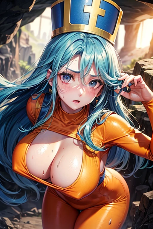masterpiece, Highest quality, Unreal Engine, Super Resolution, Very detailed,
Beautiful woman, Dragon Quest Female Monk, long sky blue hair, Priest's hat, Orange bodysuit, Mitra, ((Brutabad)), Elbow hand pockets, Vivid expression, Healthy Body, Beautifully detailed sweat glands, Smooth skin texture, Carefully drawn,
(humidity:1.5), (Hot Temperatures:1.5), Beautiful Eyes, (Attractive face:1.2), (Beautiful Skin), Narrow waist, (Big Breasts), Round Breasts, (Sticky with sweat), Irresistibly sexy pose,
In the world of Dragon Quest, (Inside the cave where you can see magma),