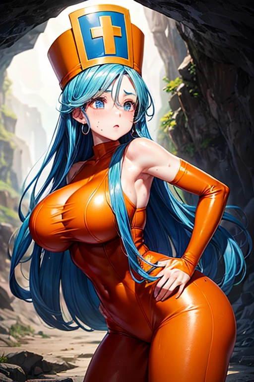 masterpiece, Highest quality,  Unreal Engine,  Super Resolution,  Very detailed, 

Beautiful woman, Dragon Quest Female Monk, long sky blue hair, Priest's hat, Orange bodysuit, Mitra, ((Brutabad)), Elbow hand pockets, Vivid expression, Healthy Body, Beautifully detailed sweat glands, Smooth skin texture, Carefully drawn, 

(humidity:1.5), (Hot Temperatures:1.5), Beautiful Eyes, (Attractive face:1.2), (Beautiful Skin), Narrow waist, (Big Breasts), Round Breasts, (Sticky with sweat), Irresistibly sexy pose, 

In the world of Dragon Quest, (Inside the cave where you can see magma), 