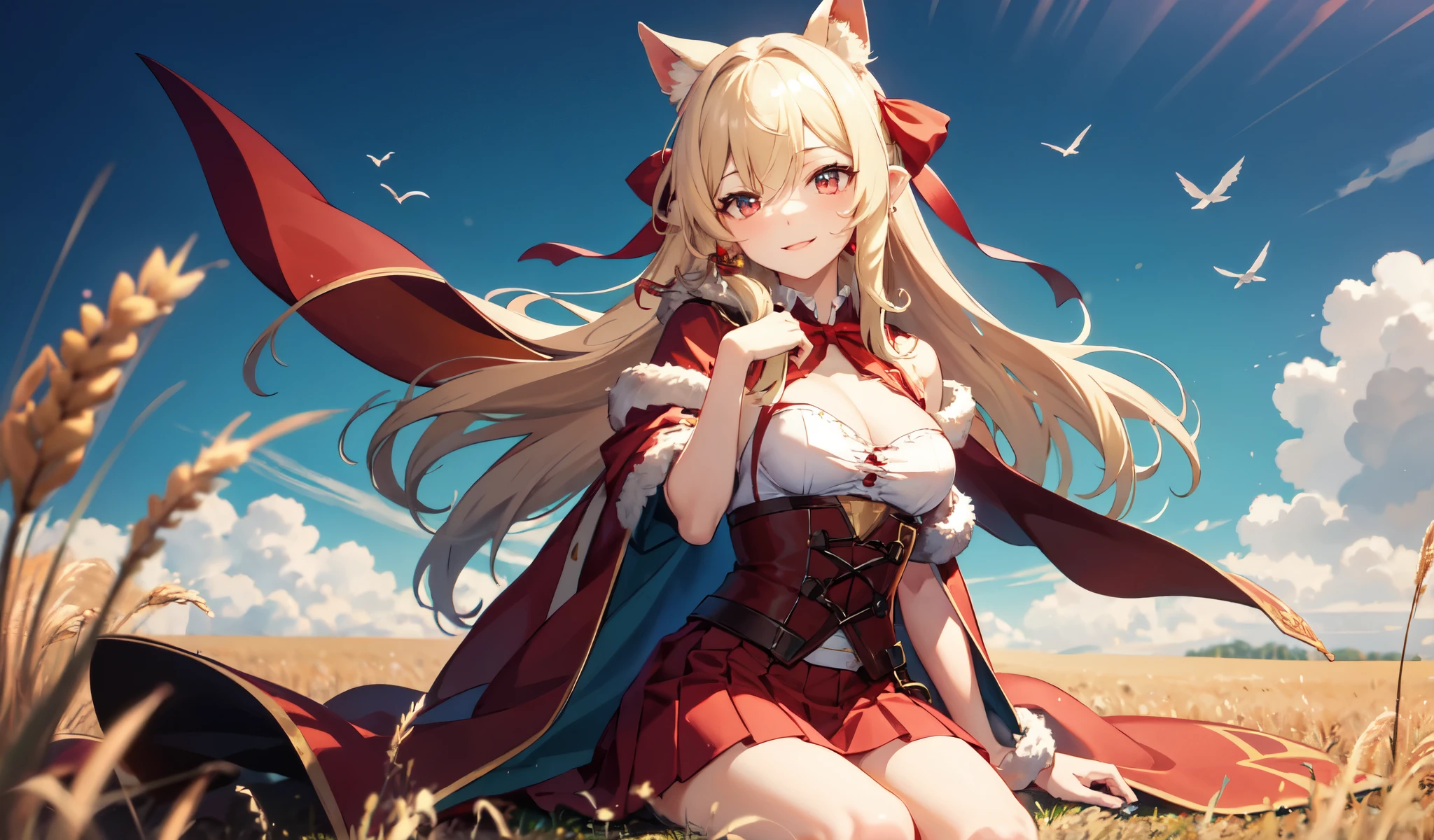 masterpiece,One girl, Sparrow, Blonde girl, Medieval European villager dressed in white, Curly medium hair, Messy Hair, Red Skirt, short red capelet with fur hood, The body is slim, Medium chest, she closed her left eye, Shirt decoration,  Pie, Hair Ribbon, Captivating smile, Beautiful breasts, Round Breasts, Crimson Eyes, Pleated skirt, Checked skirt, She is the little red riding hood girl, She sits in a wheat field, Pointed Ears