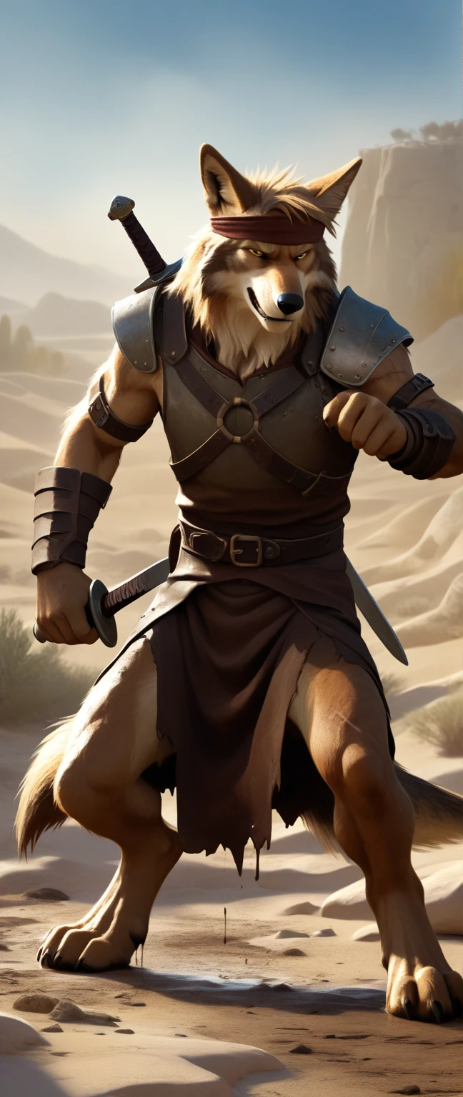 Solo anthro furry desert wolf coyote male; ancient Mediterranean desert warrior; slim mesomorph handsome model apperance; boy's messy short hair headband; sexy toned muscules; sword scars;  worn out brown studded leather rusty armament. He has a worn ot dirty old sleeveless tunic, belted with a heavy leather belt armor. on his chest he wears a skimpy breastplate over a tunic, a harness, a loinloth with worn-out loose desert trousers
, He has His armor is old heavy brown harness with armlets studded with spikes;,  he has old brown leather BFR Bands on Biceps and his thighs, he has old worn out fingerless leather gloves. His armor is in ruin, it is very very old and dirty, rusted, dirty, old worn out, rusty breastplate. Even though he is a handsome man, he has a sloppy appearance, has disheveled unwashed dirty fur, dirty body look. he smells, he has stains from old blood, dirt, semen, mud, smelly furr, disgusting bastard looking.  Mediterranean sunny pine seacoastline pine forest; he has a proud, threatening and defiant expression on his face, with little dirty dangerous smile; He stands proudly bravely in an upright attacking position, he holds a rised up sword in his right paw, ready for incoming fight; 