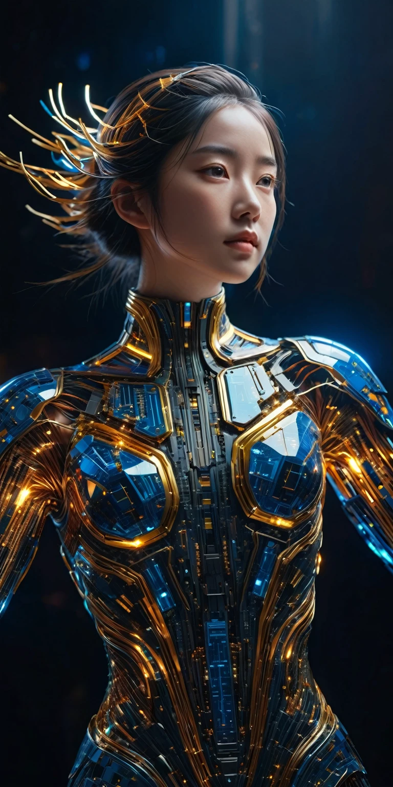 full body, Intricate painting of an exploded female bust made from circuit boards, Winner of the Behance competition, vanity, angle, gold medal_flash, Luminous lines, Dark background, (best quality,4k,8k,highres,masterpiece:1.2), ultra-detailed, (realistic,photorealistic,photo-realistic:1.37), HDR, UHD, studio lighting, ultra-fine painting, sharp focus, physically-based rendering, extreme detail description, professional, vivid colors, bokeh, portraits, landscape, horror, anime, sci-fi, photography, concept artists, vibrant color palette, surreal lighting.