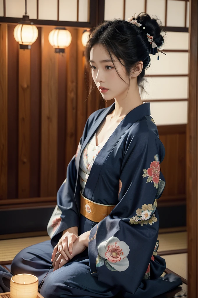 (((best quality))),(((ultra detailed))),(((masterpiece))),illustration,((1 beautiful Japanese girl,solo)),((slim,thin)),((small breasts,flat chest)),serene,melancholic,(rainy:1.3),(night scene:1.3),(in izakaya:1.3),(bun hair:1.2),(traditional Navy blue floral kimono:1.3),cozy atmosphere,ethereal appearance,delicate features,expressive eyes,contemplation,numbs loneliness,intricate kimono patterns,billowing kimono,traditional beauty,graceful sitting pose,sliding doors,rainy alley,soft glow lanterns,warm ambiance,vapor,atmospheric haze,introspection,isolation,beauty in solitude,complex emotions,quiet moments,Drinking Alone,narrative,loneliness,yearning,inner peace,((from front,upper body))