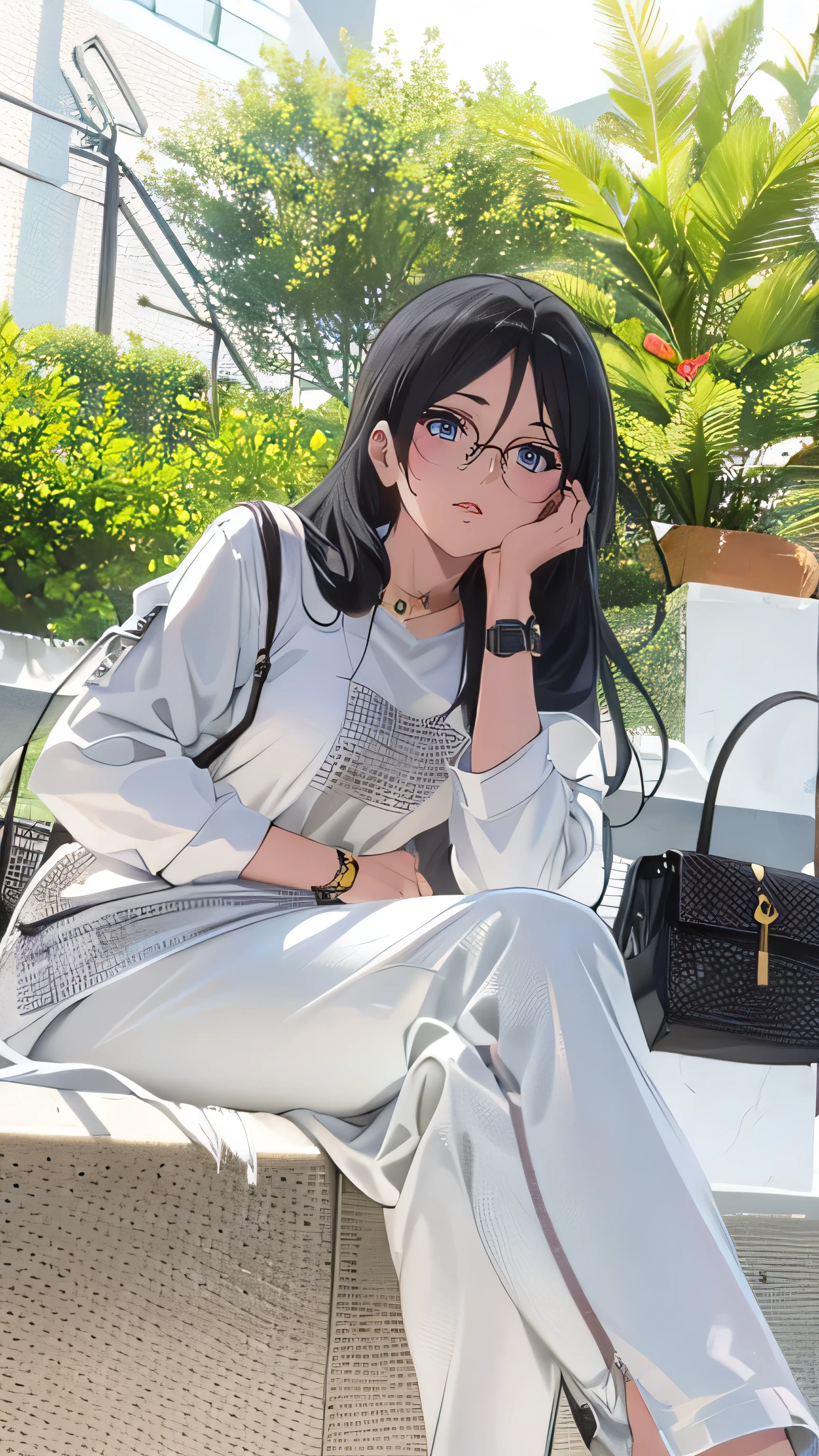 Masterpiece, high res, alone, {Thanaka_Asuka_euphonium sound:1.15} (park:1.13), black_hair, long_hair, glasses, light blue_eyes, Blush, red frame_glasses, Seraph, beyond the edge_glasses, semi borderless_glasses, hair_between_eyes, 1girl, solo, bag, crossed_legs, glasses, black_hair, sitting, white_pants, wristwatch, watch, long_hair, handbag, plant, outdoors, pants, head_rest, jewelry, long_sleeves, shirt, white_shirt, day, white_dress, dress, leaf, tree