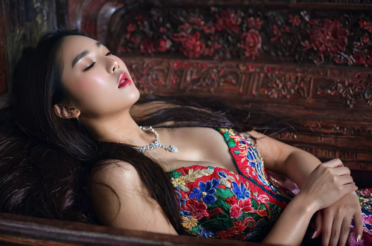 In a striking 8K HDR scene, a stunning Korean woman, 22 years old, lies peacefully in a coffin and coffin cover surrounded by plush pillows behind head. The deep box is set against a rich black background, accentuating the beauty of the subject. Her exquisite deep-V neckline kebaya attire is embroidered with superb detail, showcasing her round and firm breasts, perfect cleavage, and beautiful eyebrows. Her closed eyes and mouth give an air of serenity, while her visible and absolute cleavage leave nothing to imagination. The scene is bathed in saturated colors, highlighting every intricate aspect from the ball skirt to her clean face, straight body, detailed hand perfect hands, straight body, own hands together, own hand on stomach, detailed hands, perfect hands, holding the flowers