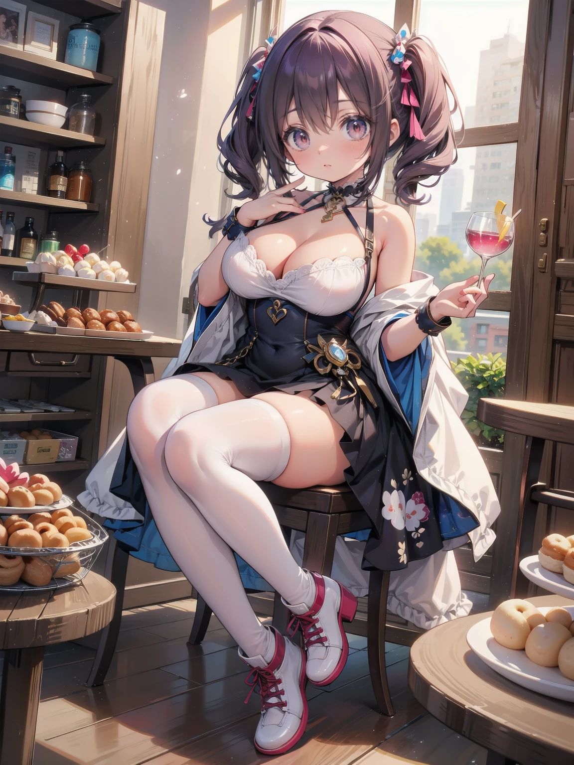 One young and beautiful woman,(Highest quality,Extremely detailed depiction,Incredible high resolution,Anatomically accurate depiction,Nice hands,Perfect Fingers,Curvy Legs),(Glowing Skin,Glossのある肌),(Sexy Idol),(Idol Costumes,Cute hairstyle,tights,Choker of Hearts,boots,Gloss),eyelash,(Pink Eyes,There is cleavage in the chest,Glossのある口紅,Open your mouth),Eat a delicious donut,whole body,background:Inside the cafe