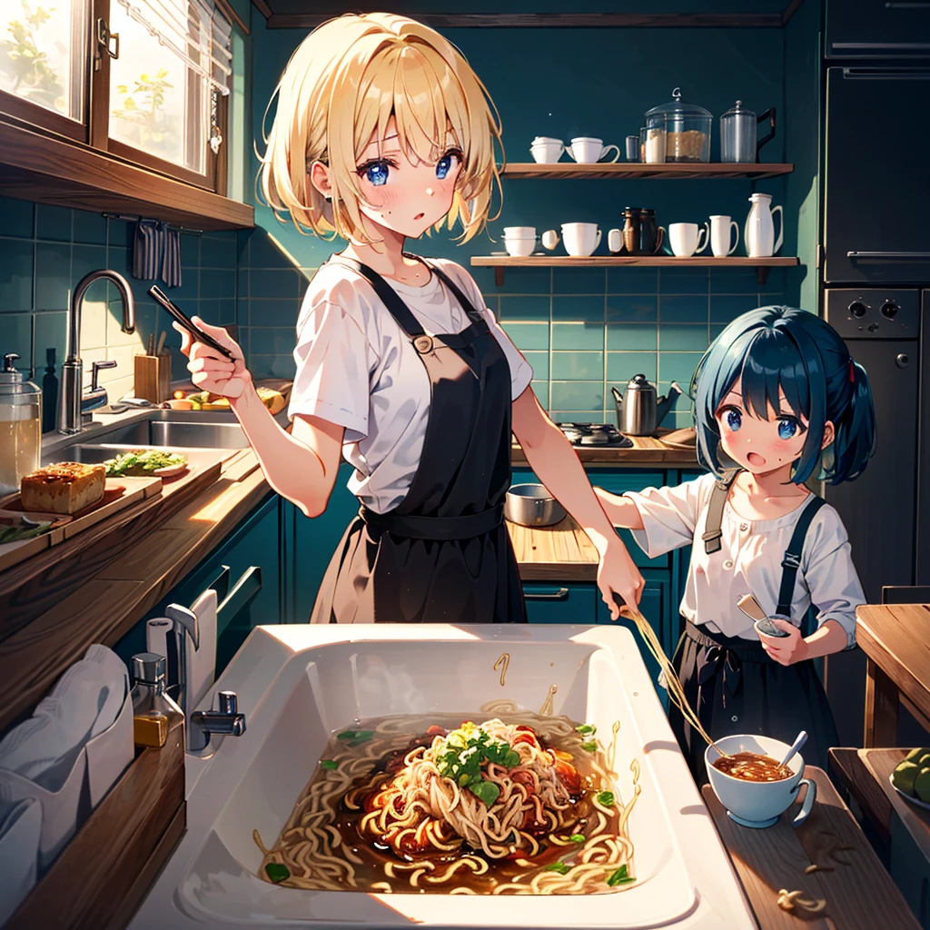 Masterpiece, highest quality, high-resolution background, bright and beautiful atmosphere, 3 girls (2 , 1 short-tempered round face), 1 (hair, surface effects), small breasts, very bright atmosphere, on the kitchen water tap A girl who is trying to throw away the hot water in a cup of yakisoba, a large amount of noodles comes out along with the hot water, a girl with a panicked face, holding the cup of yakisoba with both hands and tilting it, "deltamon_sdXL :0.73) >Deltamon"