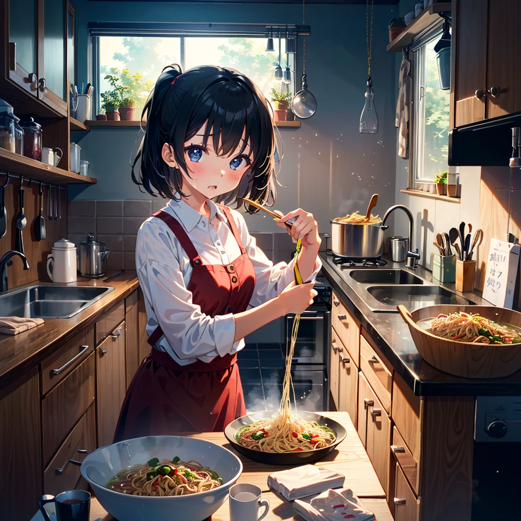 Masterpiece, highest quality, high-resolution background, bright and beautiful atmosphere, 3 girls (, 1 short-tempered round face), 1  (hair, surface effects), small breasts, very bright atmosphere, on the kitchen water tap A girl who is trying to throw away the hot water in a cup of yakisoba, a large amount of noodles comes out along with the hot water, a girl with a panicked face, holding the cup of yakisoba with both hands and tilting it, "deltamon_sdXL :0.73) >Deltamon"