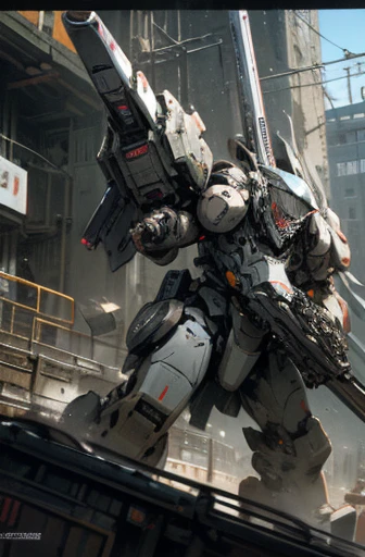 meca,roboT,droid,holding_weapon,giant,city,masterpiece,best quality,super detailed,super fine illustration,battle scene,white color,dynamic angle,Heavy equipment,ARMORED CORE,8k,masterpiece,best quality,Mass production machine,imperial military,black color,