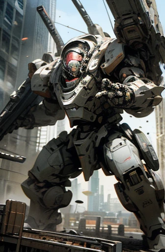 meca,roboT,droid,holding_weapon,giant,city,masterpiece,best quality,super detailed,super fine illustration,battle scene,white color,dynamic angle,Heavy equipment,ARMORED CORE,8k,masterpiece,best quality,Mass production machine,imperial military,black color,