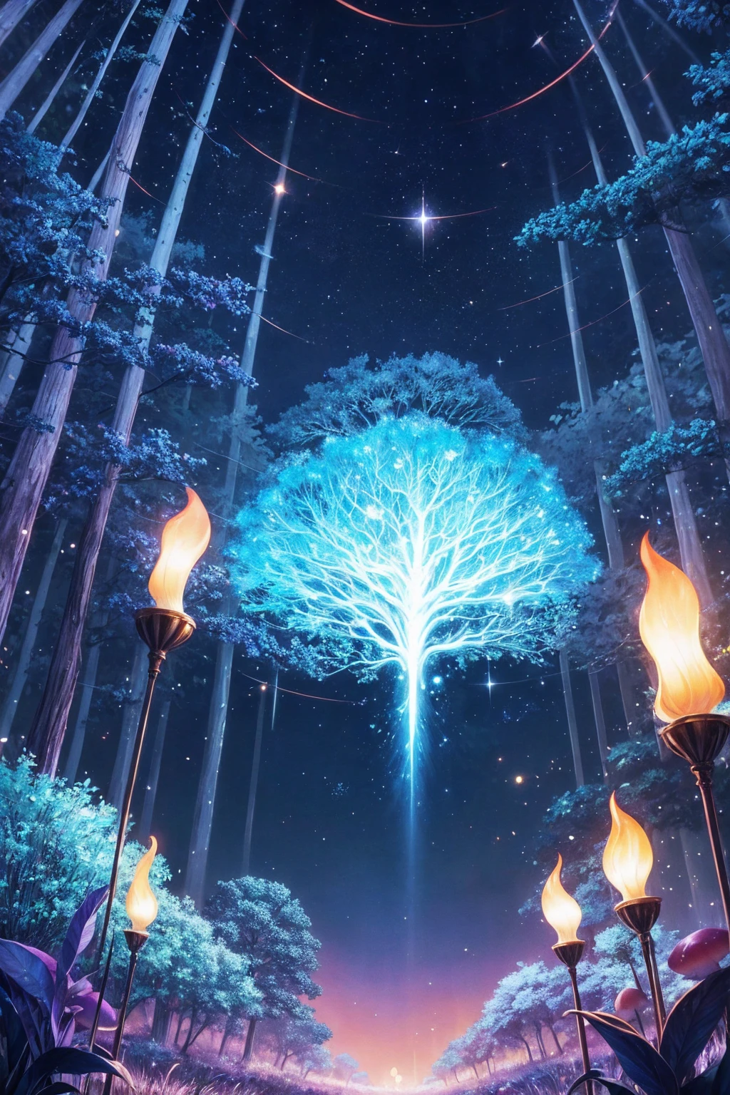 Generate an animated wallpaper of a mystical enchanted forest at twilight. The scene should feature tall, ancient trees with glowing bioluminescent plants and flowers scattered throughout the forest floor. Include subtle animations such as fireflies dancing in the air, glowing mushrooms pulsing with light, and a gentle mist rolling through the trees. The sky should be a gradient of deep purples and blues with twinkling stars, creating a magical and serene atmosphere.