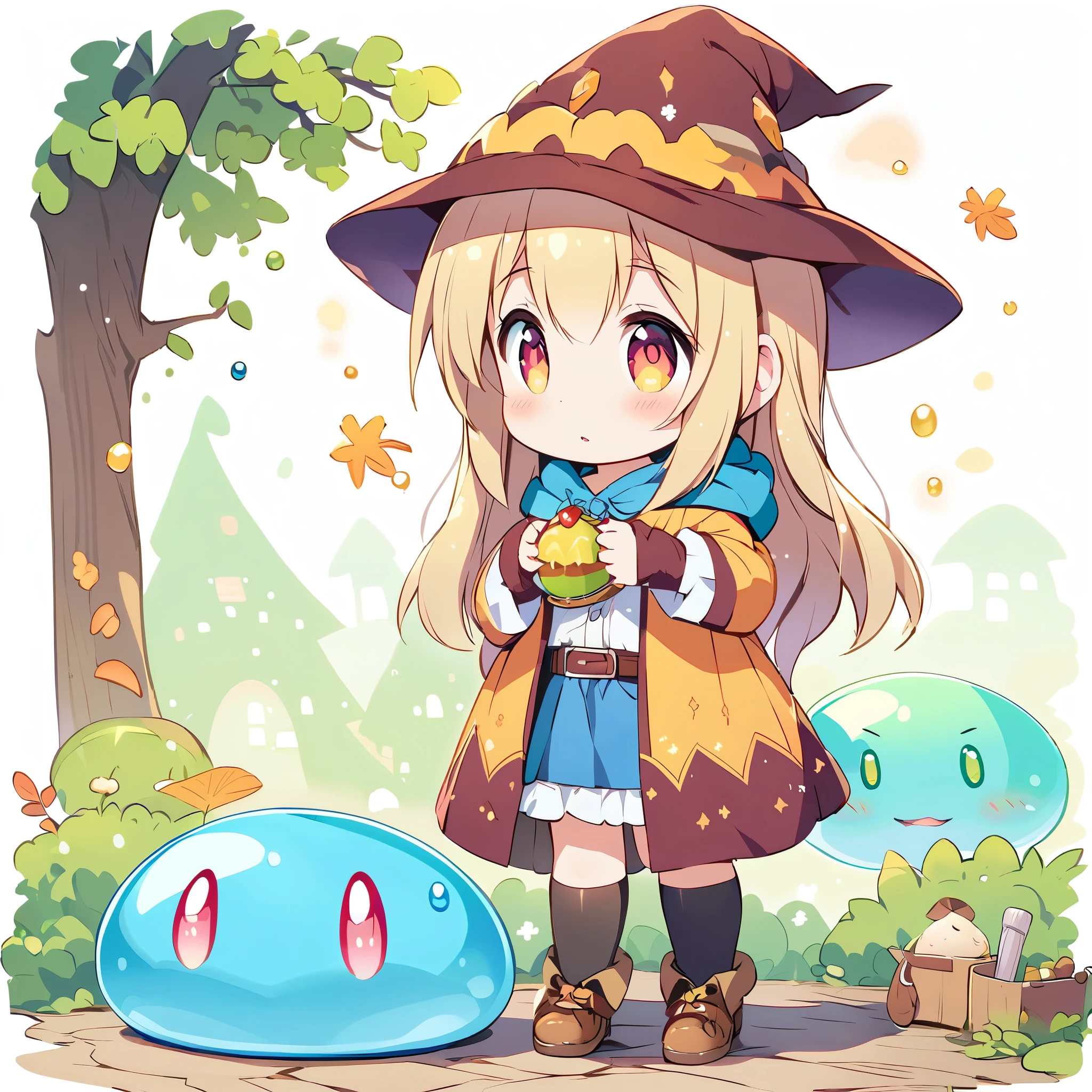 simple, Deformation, ((Slime and Girl, Wizard Girl)), A warm and cozy atmosphere, bright, Fantasy art, Children's book illustrations, Watercolor, Soft Focus:1.2, smile, Single color background, masterpiece:1.2.