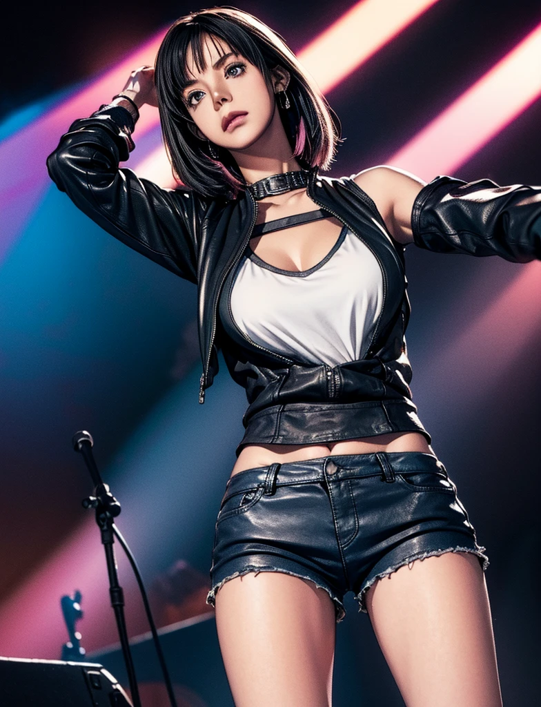 Realistic:1.2, Rocker girl in leather jacket,Slim figure、Normal bust size、 highly Realistic photograph,  Full Body Shot, １2 electric guitars, Spiked clothing,White tank top、Navel exposed、Low-rise leather shorts,tattoo,Earrings Dark lipstick, blue eyes,Pink twin tail hair,Black Ribbon, Beautiful and perfect legs, Confident expression, Punk Style ,Dynamic pose, Dynamic Lighting, Colorful stage,Colorful stage lighting,