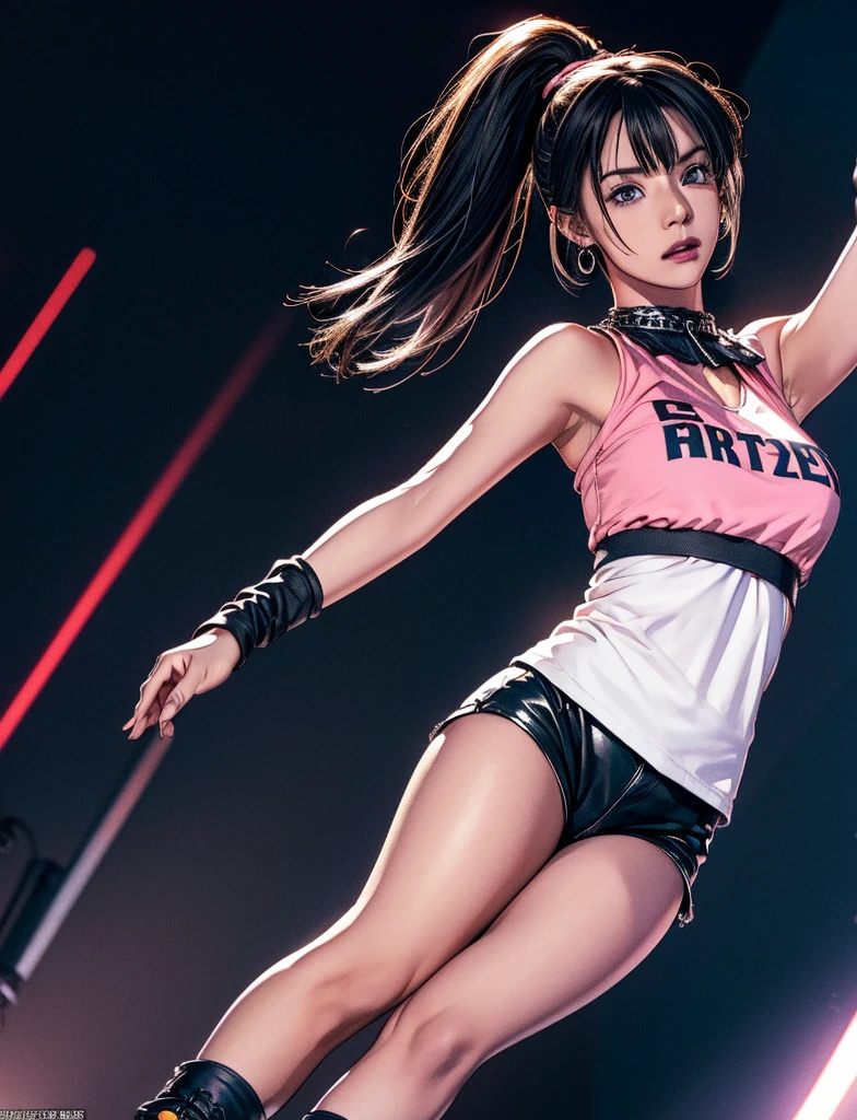 Realistic:1.2, Rocker girl in leather jacket,Slim figure、Normal bust size、 highly Realistic photograph,  Full Body Shot, １2 electric guitars, Spiked clothing,White tank top、Navel exposed、Low-rise leather shorts,tattoo,Earrings Dark lipstick, blue eyes,Pink twin tail hair,Black Ribbon, Beautiful and perfect legs, Confident expression, Punk Style ,Dynamic pose, Dynamic Lighting, Colorful stage,Colorful stage lighting,