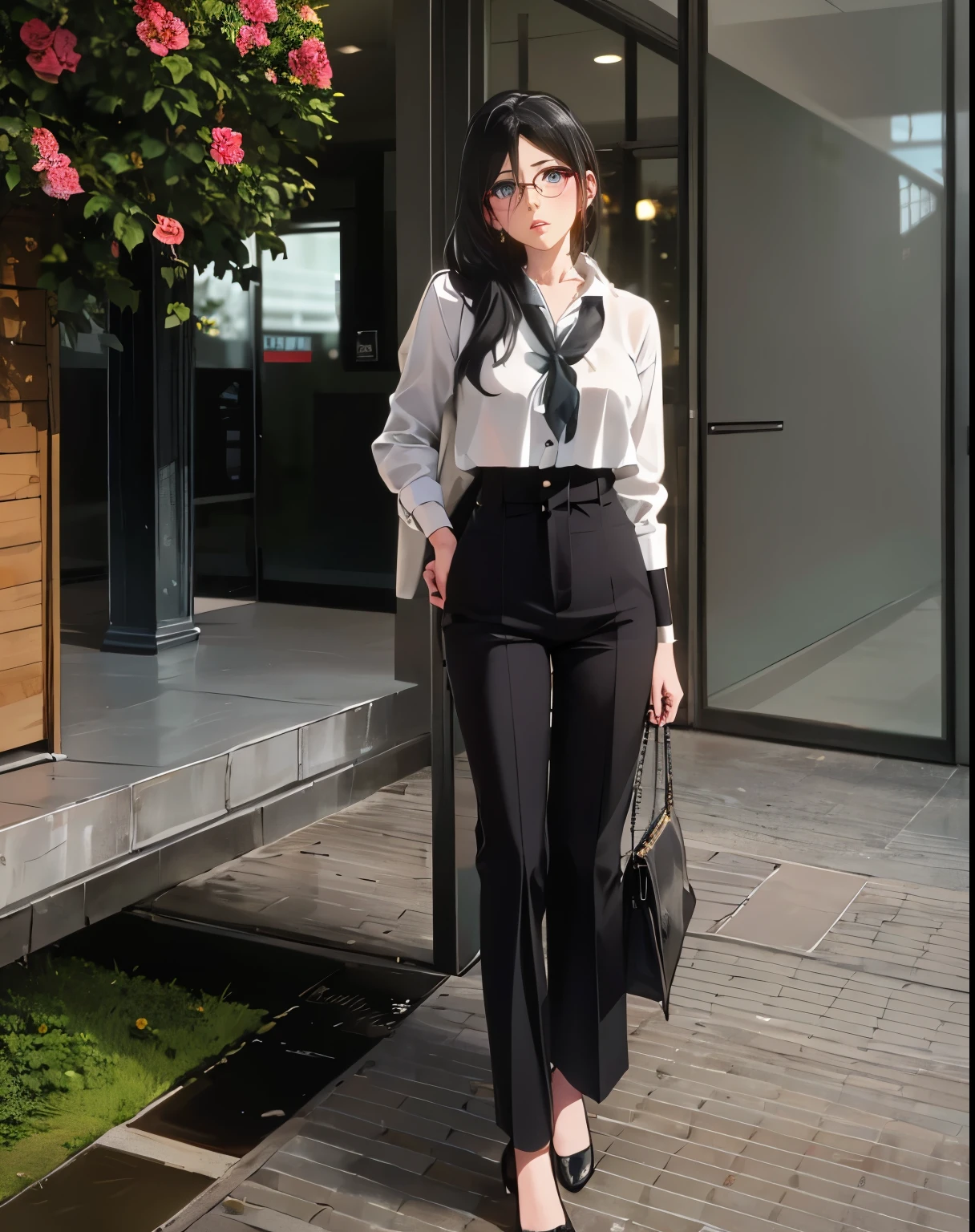 Masterpiece, high res, alone, {Thanaka_Asuka_euphonium sound:1.15} (park:1.13), black_hair, long_hair, glasses, light blue_eyes, Blush, red frame_glasses, Seraph, beyond the edge_glasses, semi borderless_glasses, hair_between_eyes, 1girl, solo, pants, bag, long_hair, black_pants, handbag, holding, black_footwear, standing, flower, high-waist_pants, looking_at_viewer, full_body, black_hair, holding_bag, shirt, jacket, long_sleeves, photo_background, black_hair, jewelry, shoes, earrings, black_shirt, plant, hand_on_hip, outdoors