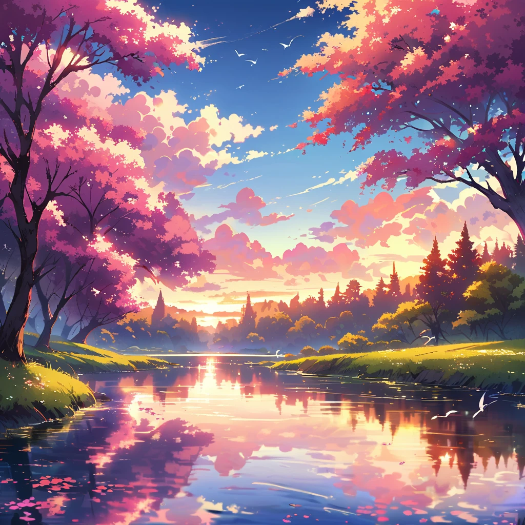 anime,landscape,pond,evening glow,natural colors,vibrant atmosphere,gentle reflections,serene ambiance,lush greenery,flowering trees,tranquil water surface,majestic hills in the distance,idyllic setting,crimson sun in the sky,soft sunlight filtering through the trees,dreamy clouds,picturesque scenery,magical atmosphere,peaceful and calm,elegant bridge over the pond,mirror-like reflections of the trees and clouds on the water surface,subtle ripples on the water created by gently swimming fish,faint sound of chirping birds in the background,whispers of a gentle breeze,feeling of harmony and tranquility,visual feast for the eyes,immersive and captivating,perfect for relaxation and meditation.