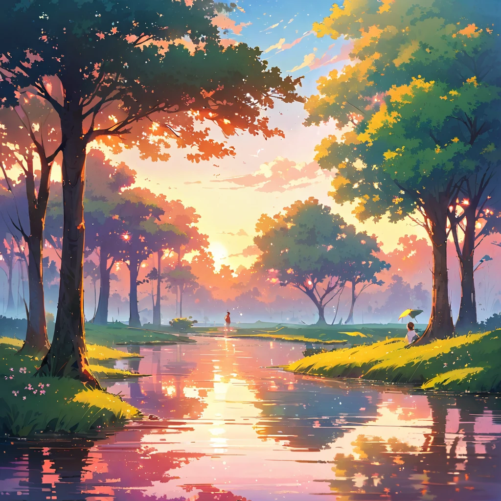 anime,landscape,pond,evening glow,natural colors,vibrant atmosphere,gentle reflections,serene ambiance,lush greenery,flowering trees,tranquil water surface,majestic hills in the distance,idyllic setting,crimson sun in the sky,soft sunlight filtering through the trees,dreamy clouds,picturesque scenery,magical atmosphere,peaceful and calm,elegant bridge over the pond,mirror-like reflections of the trees and clouds on the water surface,subtle ripples on the water created by gently swimming fish,faint sound of chirping birds in the background,whispers of a gentle breeze,feeling of harmony and tranquility,visual feast for the eyes,immersive and captivating,perfect for relaxation and meditation.