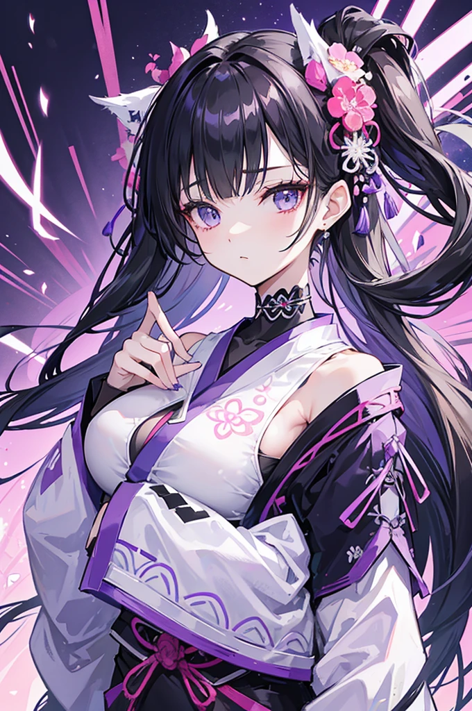Her outfit design has Japanese motifs, which consists of a black crop top with a high neckline and intricate cutouts. The cutouts form an upside down V-shape on her chest, Attached to the high neckline is a choker. She wears a white and purple jacket with a long furisode sleeve reminiscent of a kimono.