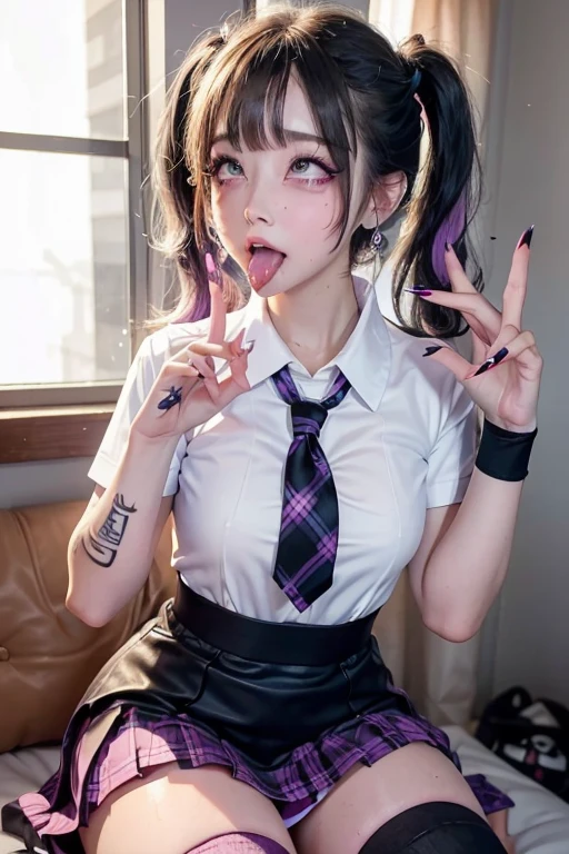 high quality, detailed,very wet,she is and junior High school girl wearing very very wet and very transparent short sleeve white shirt and purple tie,purple plaid skirt,(hair up,hair up)(wearing black overknee socks),a mole under the eye,(tounge out,tounge out tounge out),(blushing:1.4),the whole body,the whole body,she has a lot of earrings,tattoo,tattoo,detailed background,in the health room,ecstasy,orgasm,tattoo,she has fancy nails,seducing,temptation,nipples,