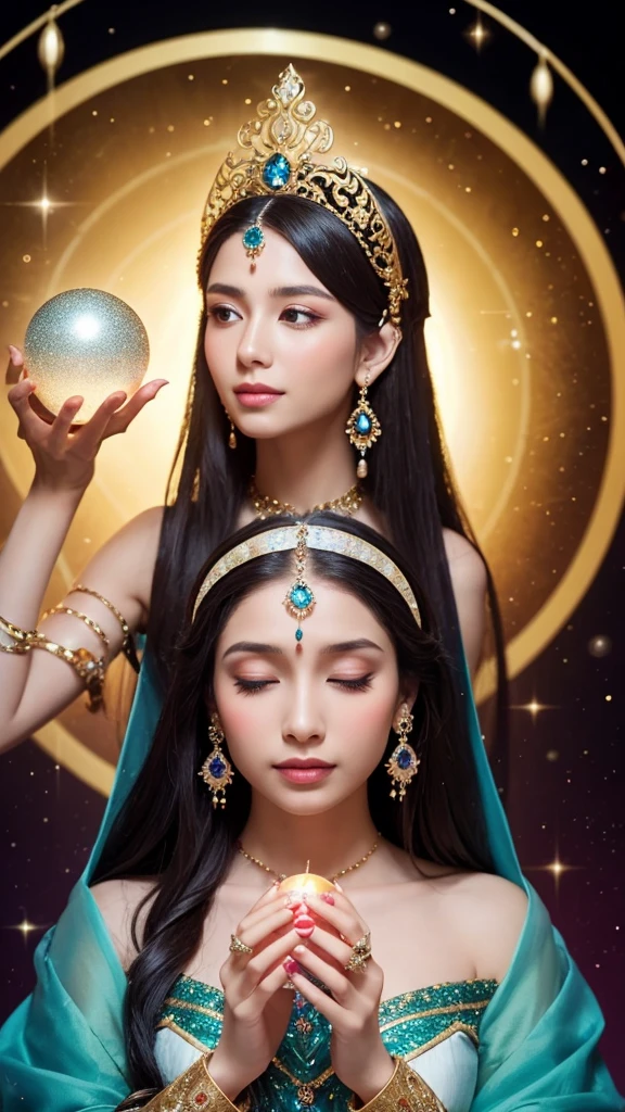 Depict a majestic goddess statue. The goddess is adorned in golden ornaments and is holding divine light in her hands. She gazes directly at the camera. Her expression is serene and full of compassion, with intricate jewels and decorations scattered throughout her hair and garments. The background is surrounded by mystical circular patterns and a halo of light, creating an overall atmosphere of mystique and sanctity.