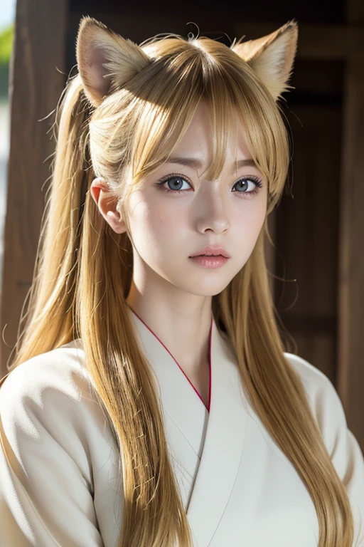 ((Beautiful blonde hair))、((Beautiful blonde))、Small fox ears、one girl, (a beauty girl, delicate girl:1.3), (12 years old, change:1.3), break,((Shrine maiden costume)),(Brown fox ears) break, Definition of Very Fine Particles, (Symmetrical eyes:1.3), break, (alley, Kyoto:1.3), perfectly trimmed fingers, break, ((Beautiful medium milk)), Brown eyes, Parted bangs, Brown Hair, girl, break, (Eye and facial details:1.0), break, (masterpiece, Highest quality, Very detailed, Detailed face, 8k)