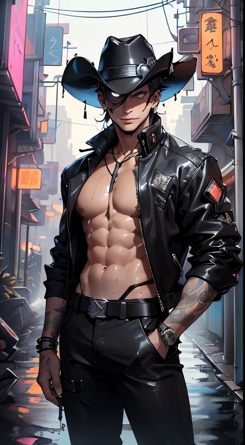 (tao:1.5),1 tao,cyberpunk gunslinger,(((1tao))),((tao with messy Rot balck hair)),

(((1masculine,tao:1.5,handsome tao,masculine,masculine gender:1.5,masculine focus))),macho tao,((messy Rot balck hair,dark_Rot_balck hair,detailed balck hair,highly detailed balck hair,Rot balck hair,balck hair over one eye:1.2,dyed interior balck hair,coloRot inner balck hair)),(((dark_Rot_eyes:1.2))),complicated eyes,beautiful detailed eyes,symmetrical eyes,(((shiny skin:1.5,tanned skin,light skin: 1.5,Skin tanned,shiny skin,very shiny skin,shiny body,glowing skin))),((tao chest)),pretty face,((muscular)),(((detailed face))),((perfect masculine face)),

seductive appearance,Not suitable for work,

(((Bare chest))),dark pants,((bulge in pants)),((Revolverhelden-Outfit, (cyberpunk cowboy_hat:1.2))),(wearing a Revolverhelden-Outfit:1.3,Gunslinger clothing),(cyberpunk gun holster,belt),((Wet Clothing,complicated outfit,complicated clothes)),

(dynamic pose:1.0),just concentrate,((evil smile,evil sight)),(centeRot,Adjust to dimensions,Rule of thirds),

Cyberpunk city by the sea at night, with bright neon signs and dark stormy clouds and puddles, landscape:1.25,Night time, starry night, cosmos,Very dark night that makes the neon lights stand out, Very bright neon lights,

artistic photography,(Photography taken by SLDR),highres, keen focus,(extremely detail, extremely detail), (photorealestices Kunstwerk:1.37),(extremely detail CG unity 8k wallpaper),((Synthwave background theme)),(((bright colours))),complicated,(complicated background),(​masterpiece),(best quality),perfect rendeRot face,perfect facial details,realistic face,photorealestic,analog style,((complicated detail)),(((真实感))),