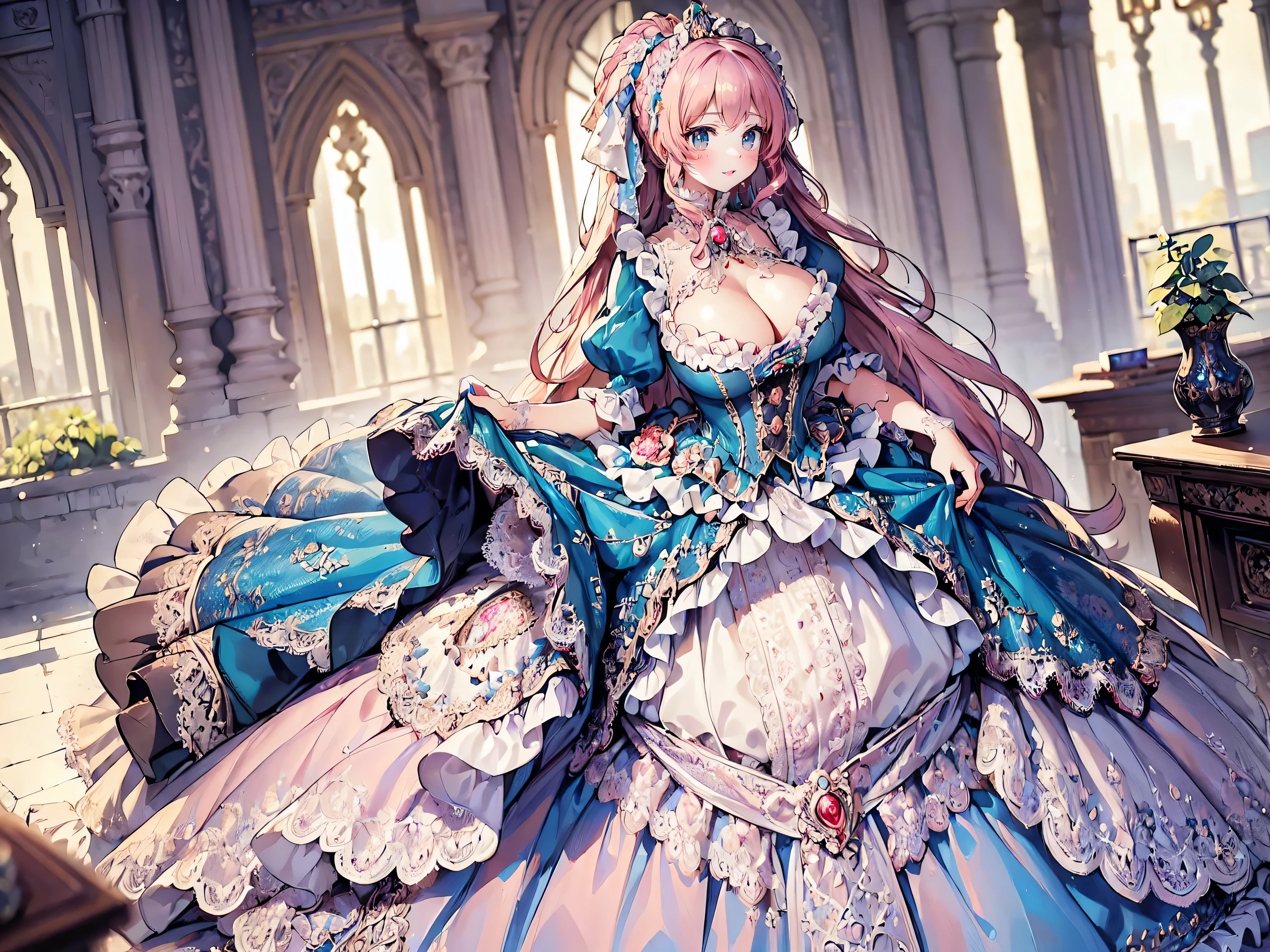 ((Superbly detailed drawing, ultra detailed, exquisite quality, absolutely resolution)), (((young face solo princess))), (((Unsurpassed gorgeous rococo victorian gown with voluminous huge hoopskirt and long hems, princess style skirt:1.5))), ((transparency gown, fluffy and full of pleats skirt:1.3)), (Super detailed and intricate exquisite design gown:1.5), ((overwhelming amount many ruffles with ribbons with intricate lace with Super detailed and intricate embroidery gown:1.9)), ((????????????, ??????? cleavage)), (ponytail, fluffy long Expressive, hair pink hair), super voluminous long hair, hair ornament tiara, happy smile, (((curtsey:2))), (blurry background, depth of field:1.5), super detailed skin, super delicate and beautiful face, (eyes blue eyes), (backlighting, particle effect, caustics), (((sharp focus))), ((deep fog city, fantasy castle)), (fisheye lens:0.9:magnificent panorama view, dynamic angle, dutch angle:1.3), ((full body)), 