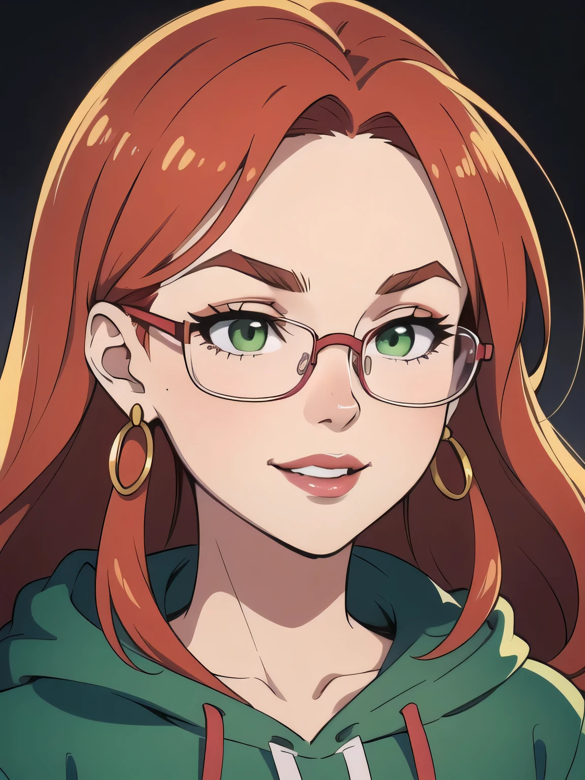 masterpiece, 30yo ginger girl looking away, , redhead, detailed face, photography, hq, pink lips, round face, green eyes and marked eyebrows, thick golden and square glasses, red long hair, golden earrings, small eye, round big face, caucasian, 1girl, hoodie, wavy thin hair, big cheeks and small lips, evil smile