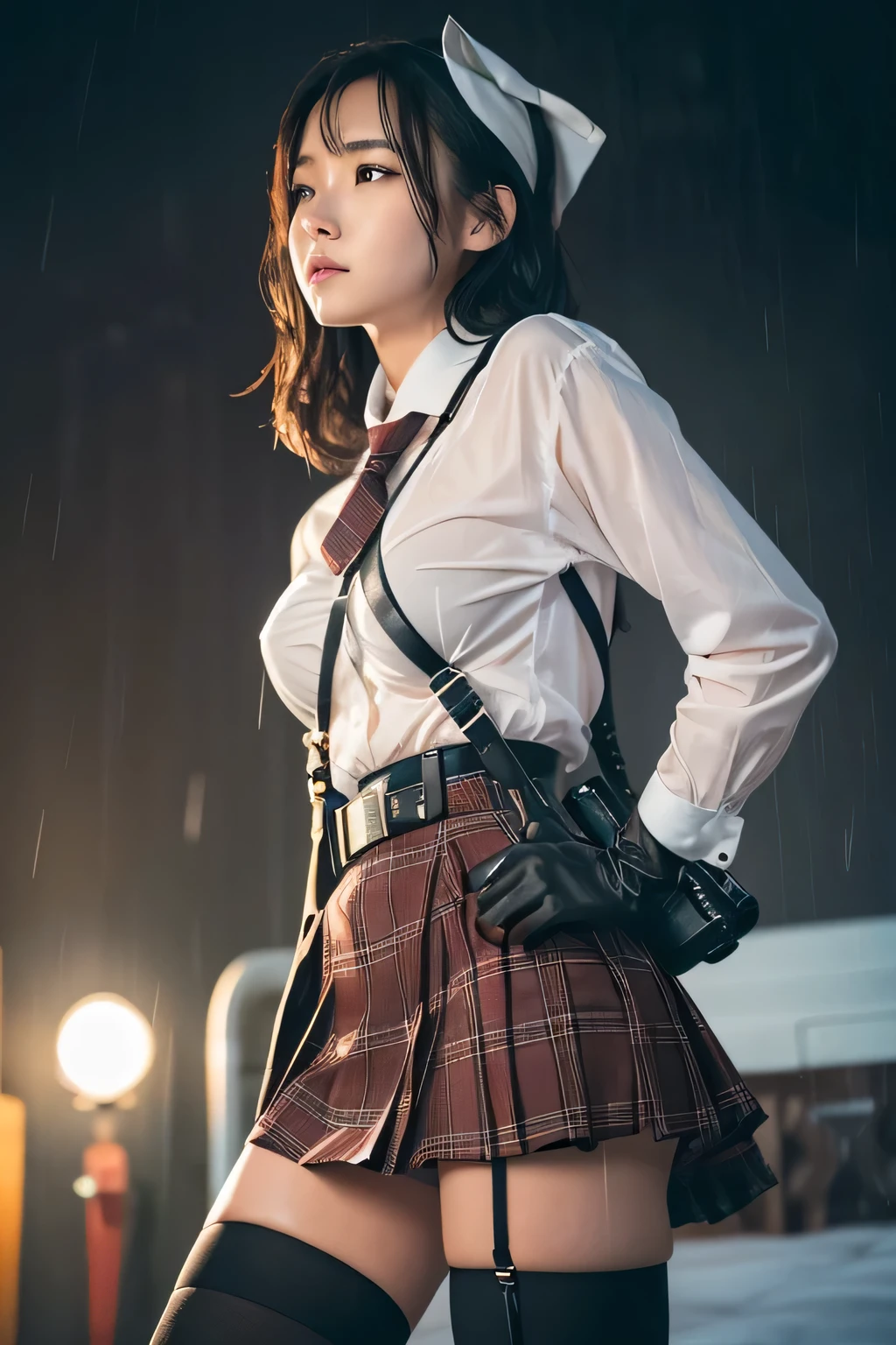 1 female, , high quality, masterpiece, Ultra-high resolution, , Cinema Lighting, , , 1 female, , high quality, masterpiece, Ultra-high resolution, , Cinema Lighting, , , And the suspenders with the cranes flying　　　Moderate breasts　 　 　　　　Large Breasts　 　 　　　　Small face　 　　　holster　　　　　　　 Lying in bed　Looking up　　　　Sweat 　　　belt　buzzer　脇Sweat 　Black Hole Gloves　suit　　　　 　garterbelt　Leg Links　Belt on trousers　　holster　 　　Hands behind your back　 Anxious expression　Looking up　Anxious face　Knee-high　Knee socks　Knee-highソックス garterbelt　garter　Garterbelt on thighs　Checkered mini skirt　Necktie Headband　ribbon　Panty shot　Skirt gap Armament　Handgun　handcuffs　Cable ties　Leg holster　holster 　　Hands behind your back　 Anxious expression　Looking up　Anxious face, legs apart　Armament　　Cable ties　Leg holster　holster　See-through clothing　heavy rain　Getting wet in the rain
