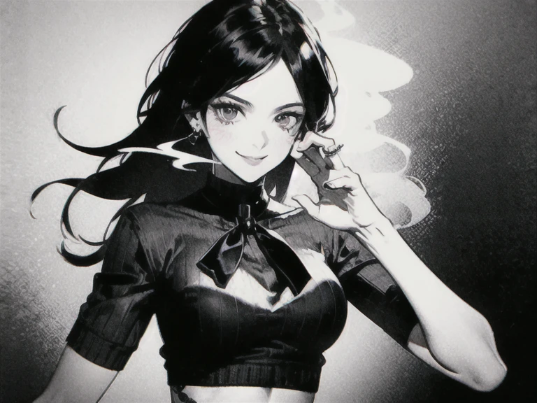 master piece, high quality, high definition, 4k, 8k, HD, 1girl, 1female, solo, (((beautiful kpop girl with rizz smile face))), ((beautiful face))), portraid, half body frame, sexy  body, thin waist, medium breast, awesome, black, black hair, tattoos on hands and neck, piercing, black mixed gray striped sweater, (((cool and badass pose))), smoke background, monochromatic