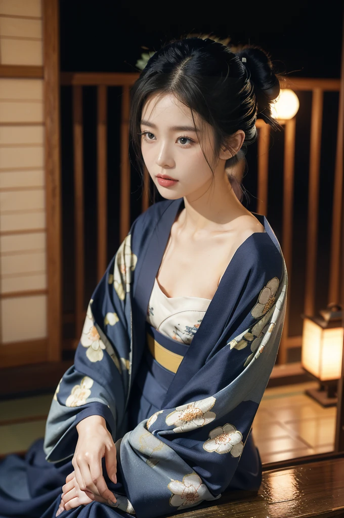 (((best quality))),(((ultra detailed))),(((masterpiece))),illustration,((1 beautiful Japanese girl,solo)),((slim,thin)),((small breasts,flat chest)),serene,melancholic,(rainy:1.3),(night scene:1.3),(in izakaya:1.3),(bun hair:1.2),(traditional Navy blue floral kimono:1.3),cozy atmosphere,ethereal appearance,delicate features,expressive eyes,contemplation,numbs loneliness,intricate kimono patterns,billowing kimono,traditional beauty,(sitting:1.3),sliding doors,rainy alley,soft glow lanterns,warm ambiance,vapor,atmospheric haze,introspection,isolation,beauty in solitude,complex emotions,quiet moments,Drinking Alone,narrative,loneliness,yearning,inner peace,((from front,upper body))
